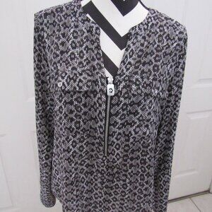 MICHAEL KORS Black/White Long Blouse Top Women’s Large Zipped Front